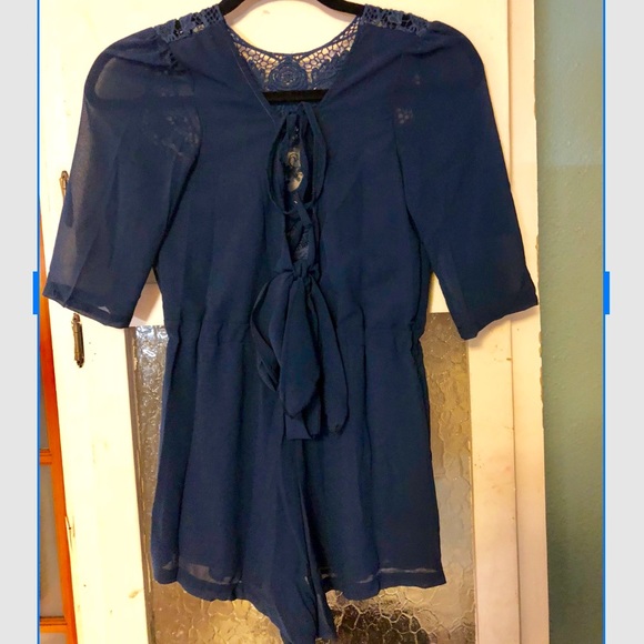 NWOT navy blue crochet and chiffon romper - Picture 5 of 5
